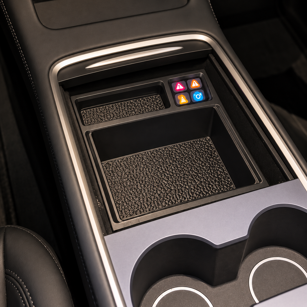 Oppbevaringsskuff med integrert Saphe-holder i Tesla Model Y 2020–2025 og Model 3 2020–2023